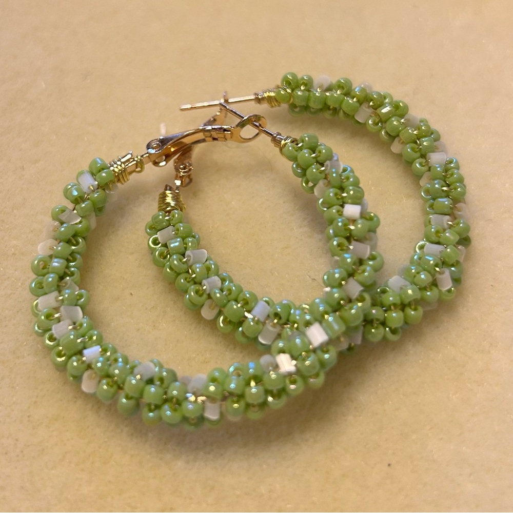 Hand-Beaded 1 1/2” Spring Green Hoop Earrings NWOT